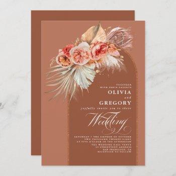 rust terracotta flowers pampas grass boho wedding invitation