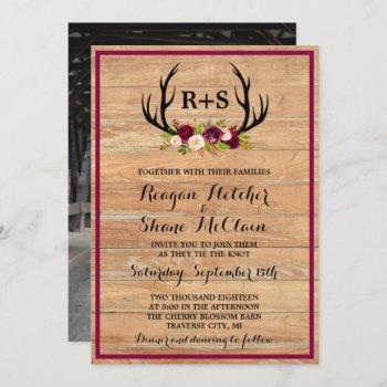 rustic antlers floral burgundy wood wedding invitation