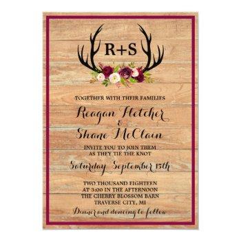 Small Rustic Antlers Floral Burgundy Wood Wedding Front View