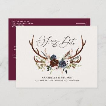 Small Rustic Antlers Script Navy Burgundy Floral Wedding Announcement Post Front View