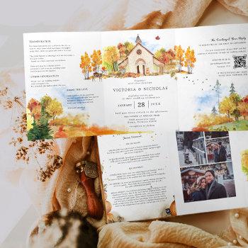 rustic autumn chapel wedding tri-fold invitation