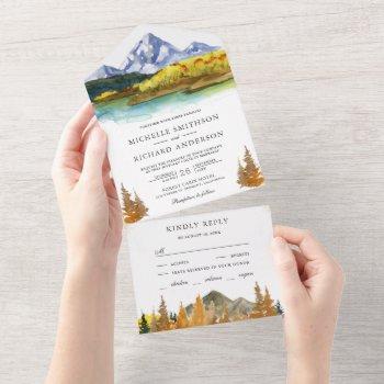 rustic autumn fall mountain forest lake wedding all in one invitation