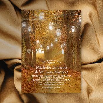 rustic autumn leaves mason jar lights wedding invitation