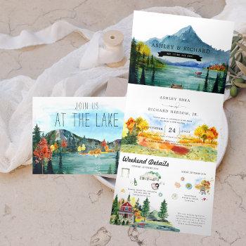rustic autumn mountain lake | illustrated wedding tri-fold invitation