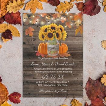 rustic autumn sunflower jar pumpkins fall wedding invitation