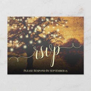 rustic autumn tree & lights parchment wedding rsvp postcard