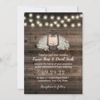 rustic baby's breath floral lantern barn wedding invitation