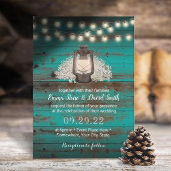 rustic baby's breath & lantern teal barn wedding invitation