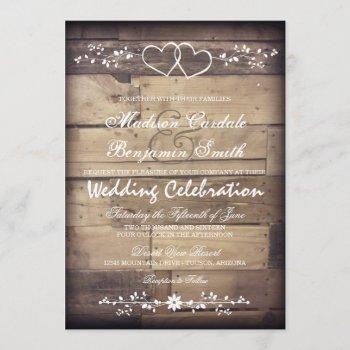 rustic barn wood double hearts wedding invitations