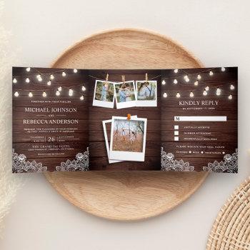 rustic barn wood lace string lights photo wedding tri-fold invitation