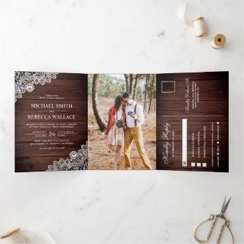 rustic barn wood lace wedding photo tri-fold invitation