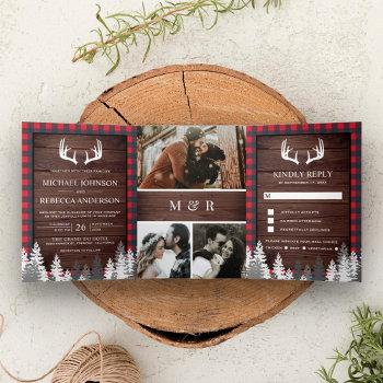 rustic barn wood red buffalo plaid antlers wedding tri-fold invitation