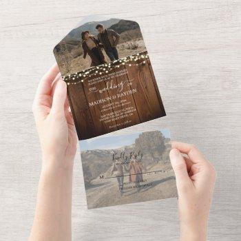 rustic barn wood string lights lace photo wedding all in one invitation