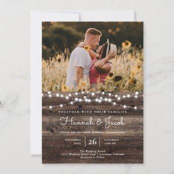 rustic barn wood string lights photo wedding invitation