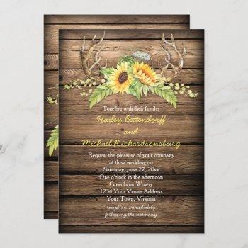 rustic barn wood sunflowers antlers wedding invitation