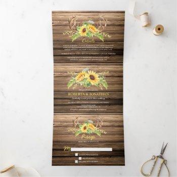 Small Rustic Barn Wood Sunflowers Antlers Wedding Tri-fold Front View