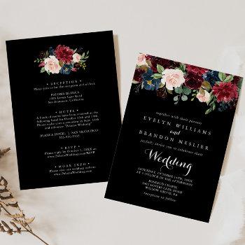 rustic black botanical front & back wedding invitation