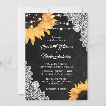 rustic black chalkboard lace sunflower wedding invitation