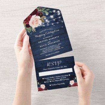 rustic blue burgundy floral string lights wedding all in one invitation