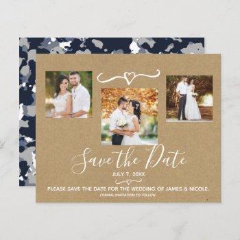 Small Rustic Blue Grey Camo Kraft Photo Save The Date Front View