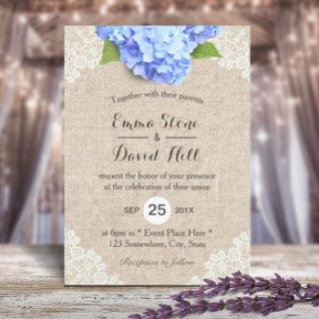 rustic blue hydrangea floral lace & burlap wedding invitation