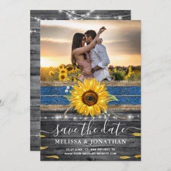 Small Rustic Blue Lace Sunflower Wedding Photo Save The Date Front View