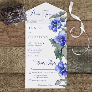 rustic blue morning glory floral dinner all in one invitation
