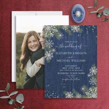 rustic blue silver winter wood photo wedding invitation