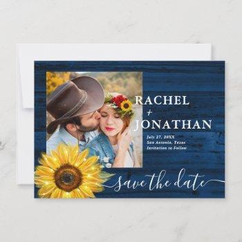 Small Rustic Blue Sunflower Photo Wedding Save The Date Front View