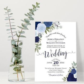 rustic blue watercolor roses boho floral wedding invitation