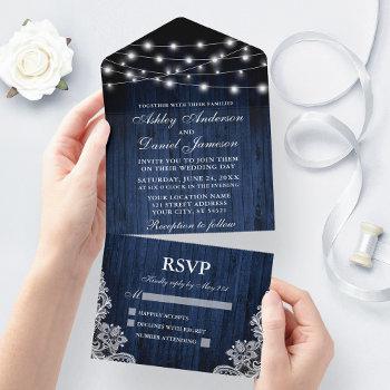 rustic blue wood string lights lace wedding all in one invitation