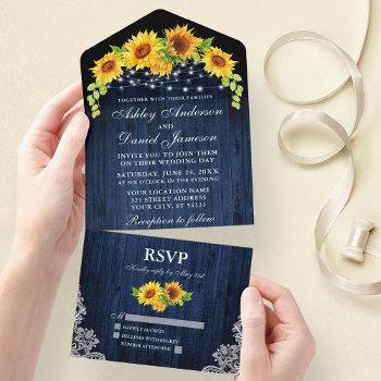 rustic blue wood sunflowers lace lights wedding all in one invitation