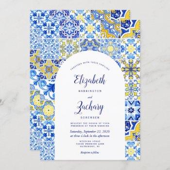rustic blue yellow arch portuguese tile wedding invitation