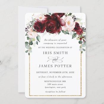 rustic blush burgundy floral roses arch wedding  invitation