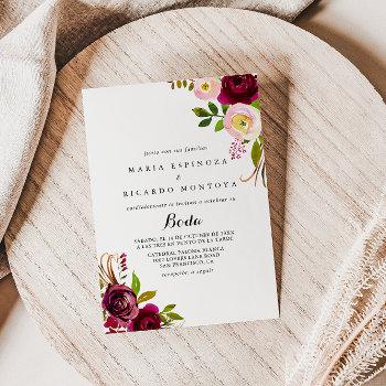 rustic blush burgundy floral spanish wedding invitation