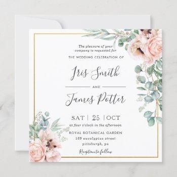 rustic blush pink floral eucalyptus gold wedding invitation