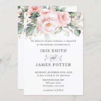 rustic blush pink floral roses greenery wedding invitation