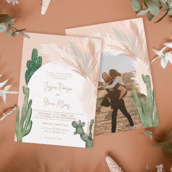 rustic boho chic cactus pampas arch photo wedding invitation
