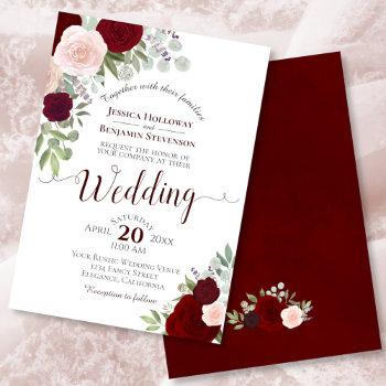 rustic boho floral burgundy red & pink wedding invitation