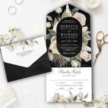 rustic boho ivory roses sage green black wedding all in one invitation