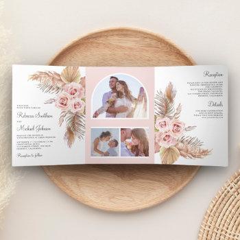 Small Rustic Boho Pampas Grass Dusty Pink Roses Wedding Tri-fold Front View