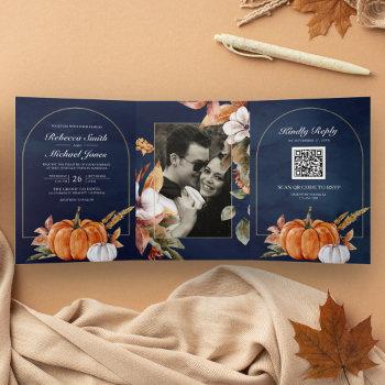 rustic boho pumpkin photo qr code navy wedding tri-fold invitation