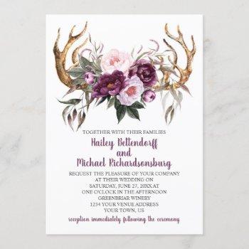 rustic boho purple plum peonies antlers wedding invitation