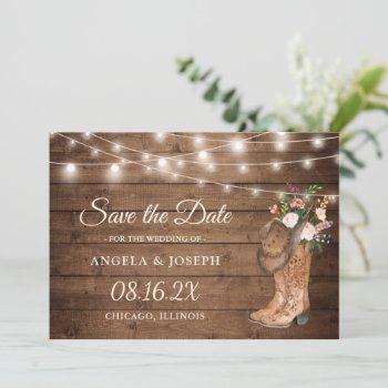 Small Rustic Boots Floral String Lights Wedding Save The Date Front View