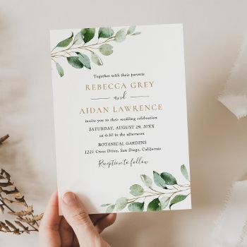 rustic botanical eucalyptus greenery gold wedding invitation