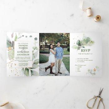 Small Rustic Botanicals Greenery & Gold Photo Wedding Tri-fold Front View