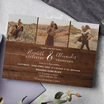 rustic brown wood elegant 4 photos script wedding invitation