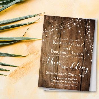 rustic brown wood, white light strings wedding 2 invitation