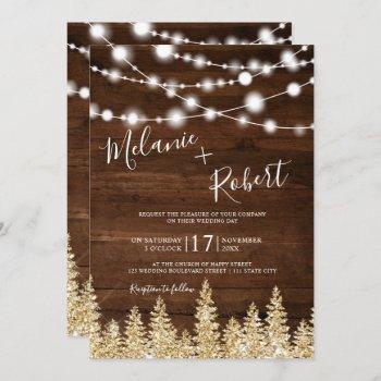 rustic brown wood winter gold forest wedding invitation