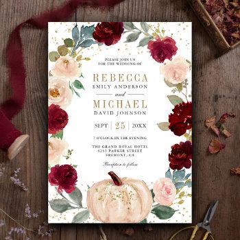 rustic burgundy and peach floral pumpkin wedding invitation